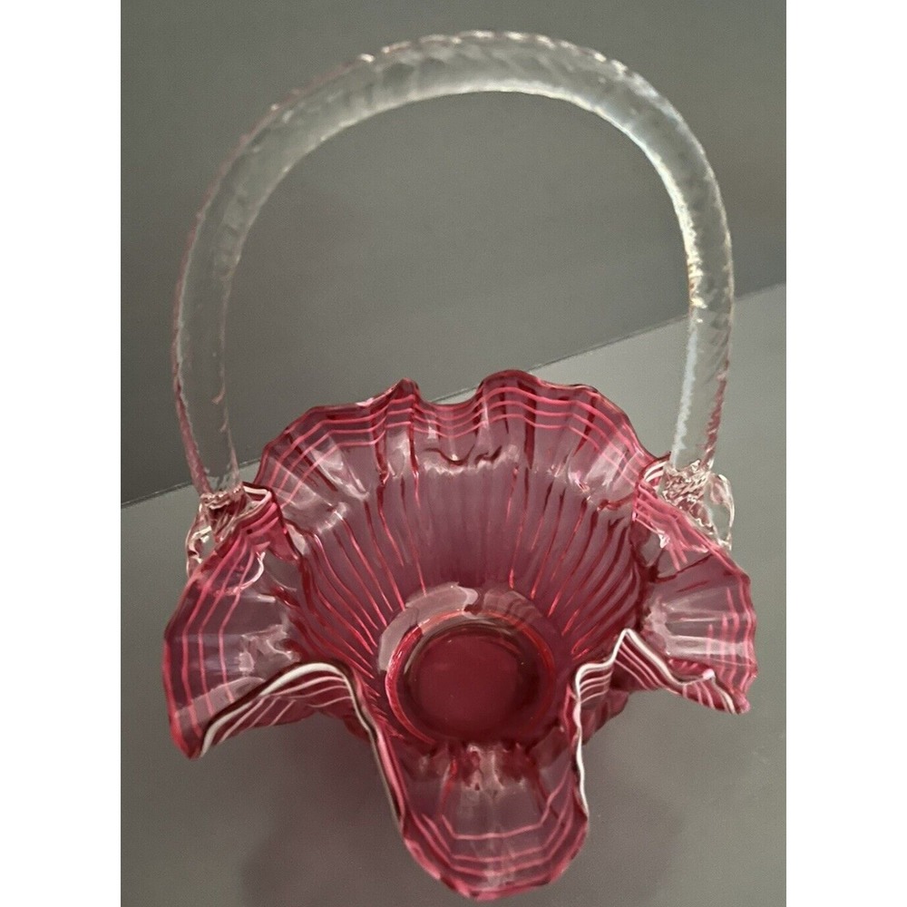 Fenton Cranberry Large Glass Basket White Ribbon Trim Ruffled Edge Grandmacore